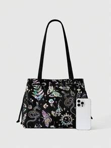 ROMWE Fairycore Floral Butterfly Jungle Suede Tote Shoulder Bag - Black - View 3