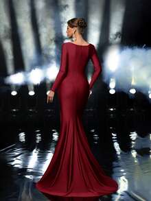 Glamrae 优雅奢华的串珠亮片拼接弹力针织美人鱼长裙，长袖设计，适合婚礼、派对、度假、盛大晚宴和正式场合。 - 酒紅色 - 查看 3