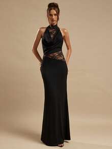 SHEIN BAE Black Lace Plunging Neck Bodycon Dress, Black Lace Dress - Black - View 1