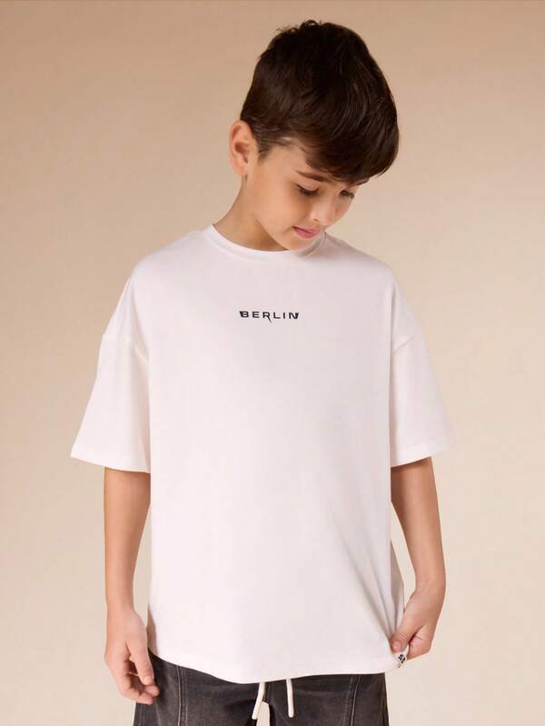  SUMWON Boys Berlin Graphic Crew Neck Short Sleeve Cotton T-Shirt With City Text Print Summer Casual Comfortable Regular Fit Tee Vacation