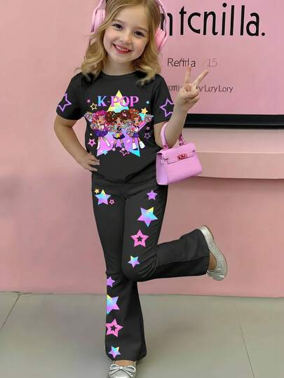 SHEIN Set de 2 piezas de camiseta de manga corta con cuello redondo y estampado de letra y estrella de grupo de chicas K-POP colorido y pantalones acampanados, estilo dulce, de vuelta a la escuela, para verano, para niña adolescente de estilo casual y de moda