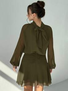 Aloruh Elegant Solid Color Mock Neck Bishop Sleeves Dress, Casual & Party Wear - Army Green - View 2