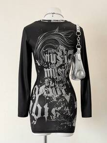 Jeanoix 女士印花V领长袖休闲连衣裙 - 黑色 - 查看 2