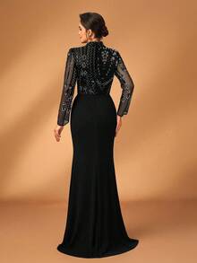 Serin Đầm maxi dài tay dáng đuôi cá sang trọng, đính cườm và sequin, chất liệu vải xuyên thấu, co giãn, họa tiết hoa, thích hợp cho đám cưới, tiệc tùng, kỳ nghỉ, dạ hội, tiệc cô dâu, váy dạ hội cho mẹ cô dâu (đính kết rất cầu kỳ). - màu đen - Xem 2