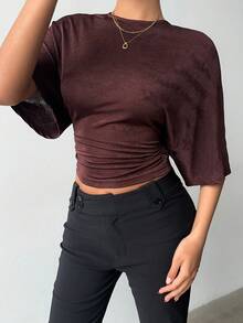 Aloruh Women's Round Neck Batwing Sleeve Ruched Cropped T-Shirt - Coffee Brown - View 1