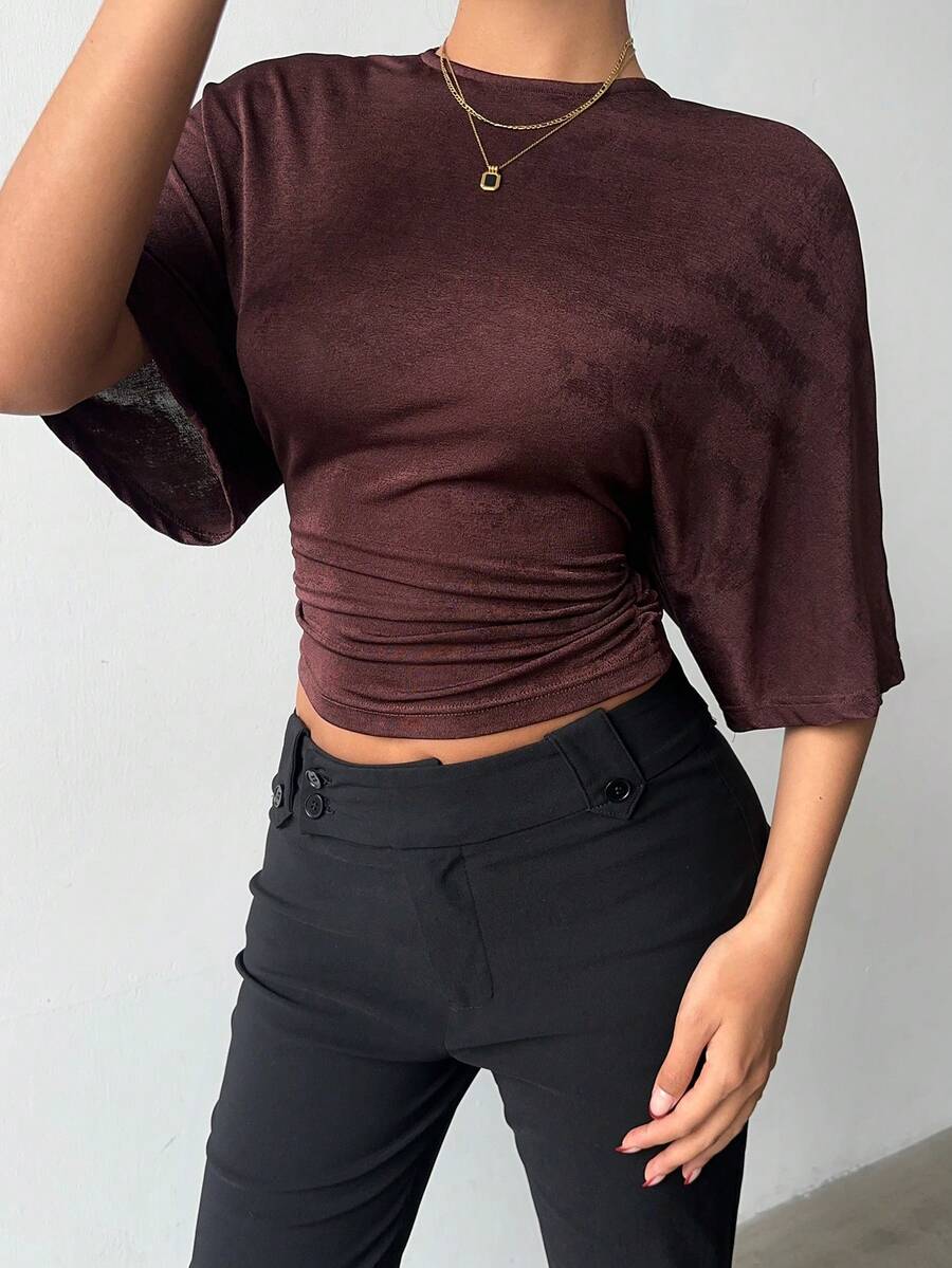 Aloruh Women's Round Neck Batwing Sleeve Ruched Cropped T-Shirt - Coffee Brown - View 1