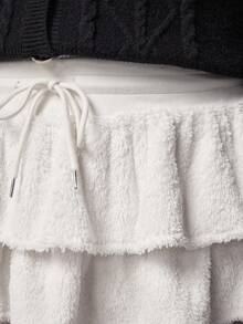 ROMWE Kawaii 加大码Y2K荷叶边迷你裙，可爱毛绒面料，女士款 - 白色 - 查看 5