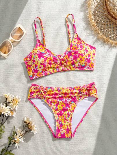 SHEIN Tween Girls Colorful Ditsy Floral Bikini Set, Top With Center Tie, Bottoms With Side Tie, 2-Piece Swimsuit, Fashionable, Elegant, Suitable For Swimming, Vacation, Summer Flower Bikini Flower Bathing Suit Swimsuits For Teen Girls Flower Bikini Set Full Coverage Modest Bikini Set 2pcs Tween Girls Printed Swimwear Girls Tween High Waisted Floral Swimsuit Kids 2 Pc Bathing Suits Girl Kids Swimsuits Girls 2 Piece Girls Beach Sets Swimwear Girls Set Flower Swimsuit Girls Tween Floral Swimsuit Tween Girl 2 Piece Swim Tween Swimwear Summer Two Piece Girls Swim Two Piece Teen Girl Swimsuit Swimsuit For Tweens Tween Girl Swimsuit Two Piece
