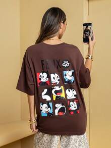 Felix The Cat X SHEIN Men's Letter & Cartoon Graphic Round Neck Short Sleeve T-Shirt - Brown - View 4