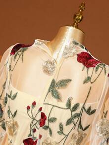 Rometta Elenzga 大码女式优雅时尚通勤休闲舒适迷人复古派对假日修身网纱3D刺绣花卉连衣裙 - 彩色 - 查看 4