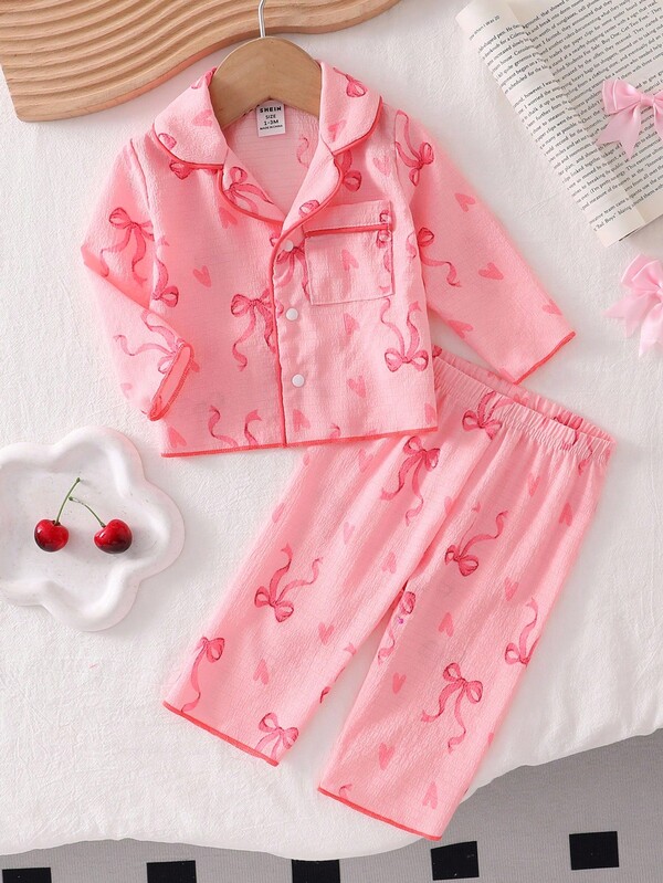 2pcs Baby Girls' Cherry Print Long Sleeve Cardigan And Pants Homewear Set, Woven Fabric Baby Girl Pajamas Newborn Girl Pajamas Pink Baby Pajamas Fall Winter