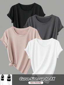 SHEIN CURVE+ Bộ 4 áo thun ngắn tay dáng rộng cơ bản dành cho nữ cỡ lớn. - Nhiều màu - Xem 1