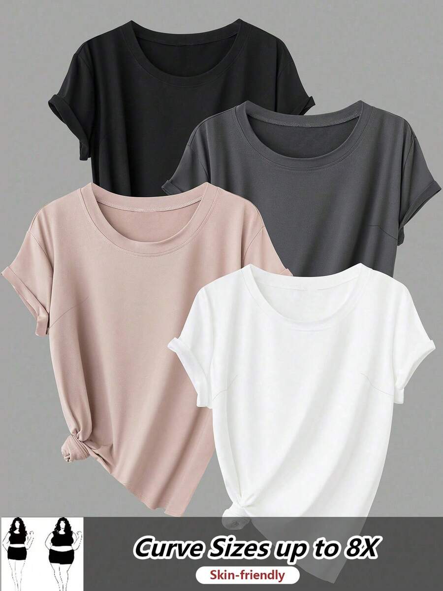 SHEIN CURVE+ Bộ 4 áo thun ngắn tay dáng rộng cơ bản dành cho nữ cỡ lớn. - Nhiều màu - Xem 1