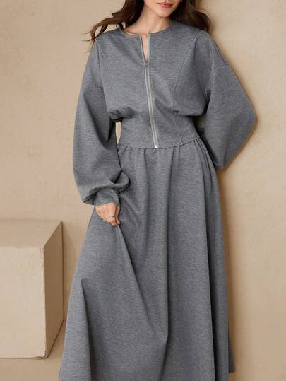 Graceveil 两件套时尚休闲套装：灰色拉链连帽衫 + 灰色松紧腰百褶裙，适合秋冬季穿着
