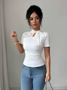 Elenzga Elegant Contrast Lace Hollow Bow Tie Short Sleeve T-Shirt - White - View 4