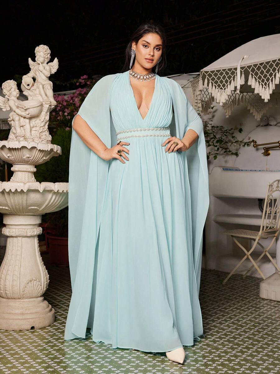 VOLUPTÉ CURVE Plus Size Summer Light Blue V-Neck Long-Sleeve Cinched Waist Floor-Length Gown For Formal Events, Parties, Going Out, Graduation, Birthdays - Green - View 1