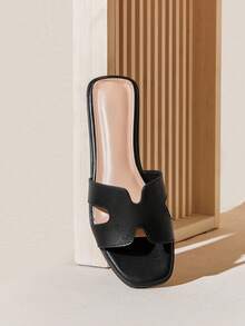 SHUZIA Alltime Bestseller Women's Smooth Faux Leather Harness Cut-Out Open Toe Soft-Cushion Classic Black Slide Sandals – Minimalist, Elegant & Versatile For Christmas Valentine's Day - Black - View 3