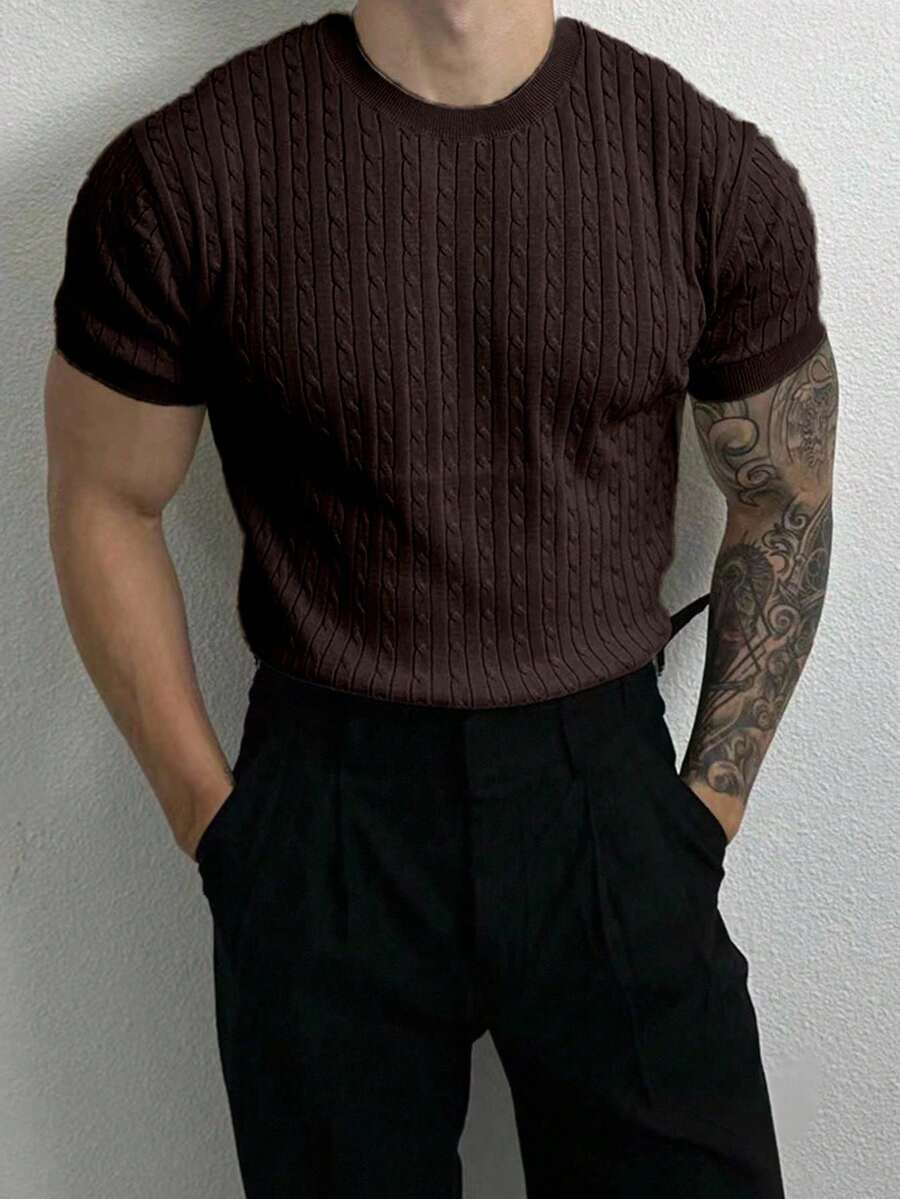 Manfinity Homme Męski top w jednolitym kolorze z okrągłym dekoltem i krótkim rękawem, dzianinowy splot kablowy - Czekoladowy brązowy - Zobacz 1
