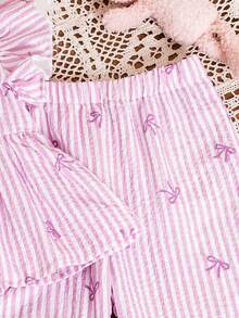 SHEIN 2pcs Baby Girls' Spring/Summer Casual Striped Flare Sleeve Bow Tie Chiffon Blouse And Pants Set