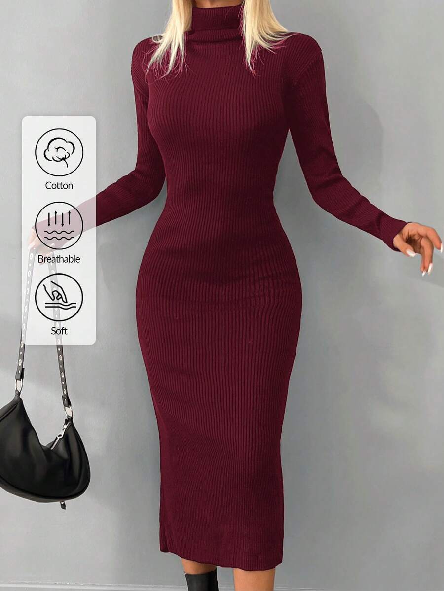 EURMUSE Autumn/Winter Casual Solid Color Turtleneck Fitted Knit Dress - Redwood - View 1