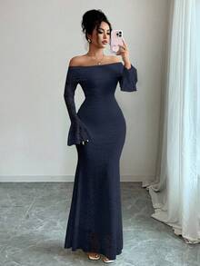 Rafferiza Elegant Fashion Young Minimalist Versatile Fitted Off-Shoulder Flared Sleeve Mermaid Midi Dress For Women, Autumn - Navy Blue - View 6