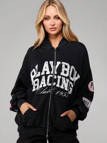 Missguided x Playboy Oversized Washed Distressed Graphic Full Zip Hooded Sweatshirt With Drawstring And Centre Pocket - Black - View 1
