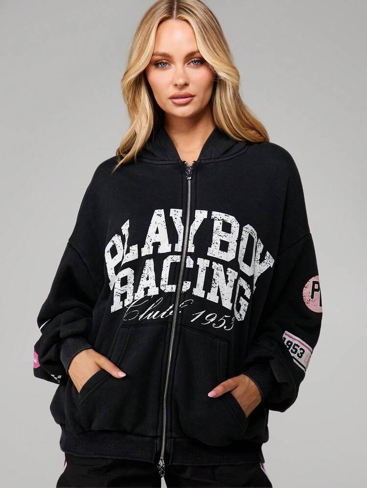 Missguided x Playboy Bluza z kapturem, oversize, z nadrukiem i nadrukiem, zapinana na suwak, ze ściągaczem i kieszenią na środku