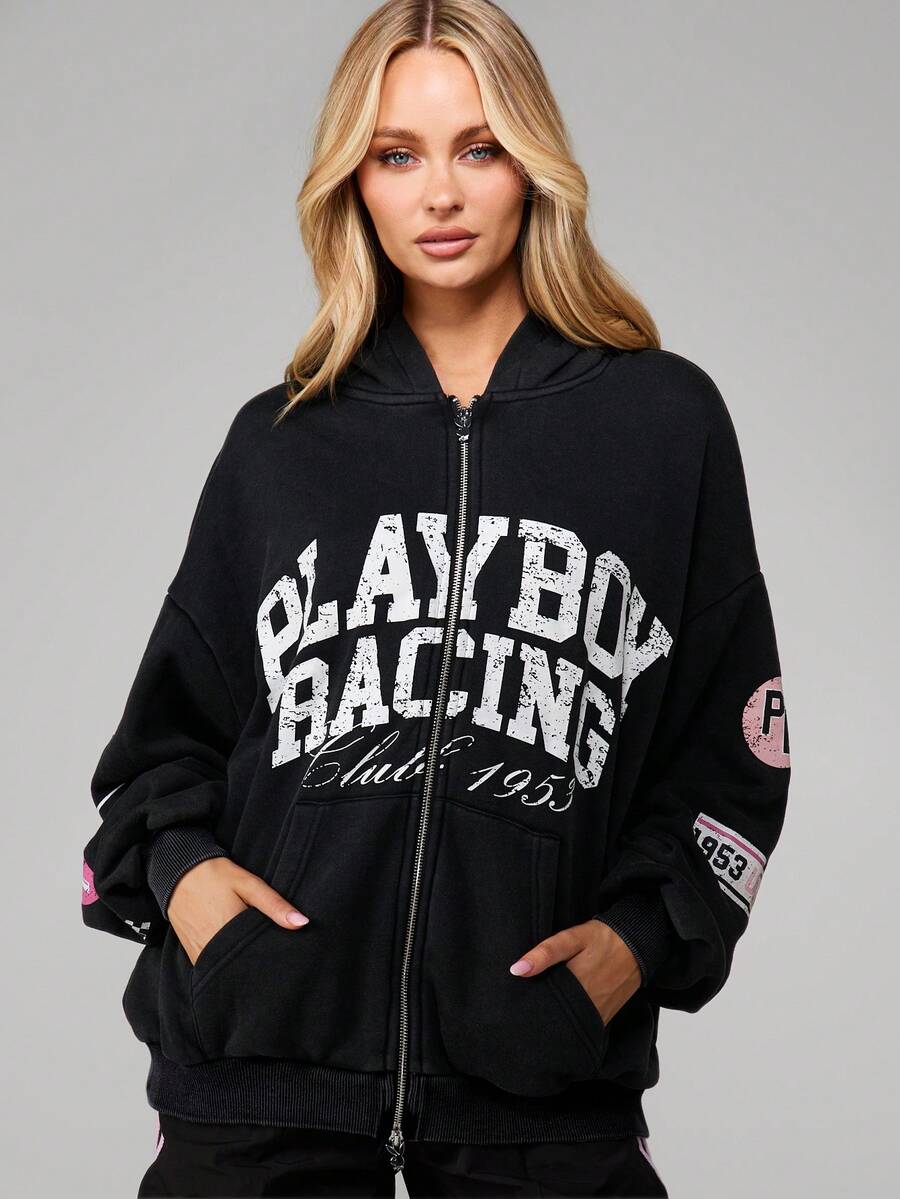 Missguided x Playboy Oversized Washed Distressed Graphic Full Zip Hooded Sweatshirt With Drawstring And Centre Pocket - Black - View 1
