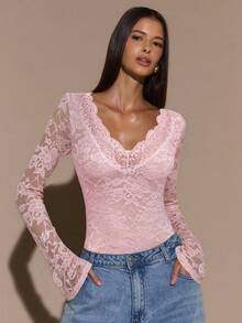 SHEIN BAE Women's Solid Black Long Sleeve Top, Deep V-Neck Lace Flared Sheer Minimalist Elegant Blouse, Suitable For Layering, Dates, Parties - Coral Pink - View 6