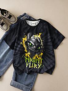 SHEIN How to Train Your Dragon Tween Boy Casual Tie-Dye Dragon Print Round Neck Short Sleeve T-Shirt, Summer - Black - View 1