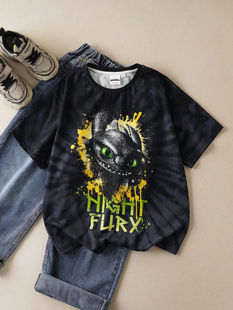 SHEIN How to Train Your Dragon Tween Boy Casual Tie-Dye Dragon Print Round Neck Short Sleeve T-Shirt, Summer - Black - View 1