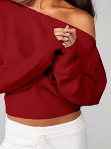 MISSGUIDED Off Shoulder Knit Sweater Long Sleeve Oversized Pullover Fall Winter Casual Top - Burgundy - View 4