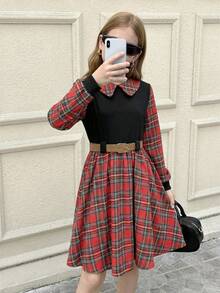 Serisse Kids Tween Girl Woven Plaid Snug Fit Casual Dress - Red - View 5