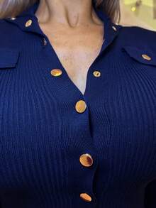 Manon Tanti Vintage Lady Fitted Button Decor Sweater Dress  Fall Winter Cloth For Women - Royal Blue - View 3
