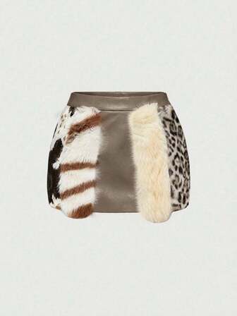 Jupe mini taille basse en PU avec patchwork de fausse fourrure et imprimé animal, style hippie vintage "Millennium Babe" pour femmes