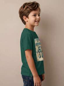Playera para niño estilo urbano con estampado de cómic algodón suave corte holgado manga corta verano uso escolar y al aire libre playera - Verde - Ver 2