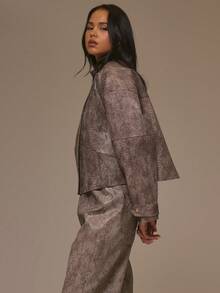 MUSERA Snake Print Faux Leather High Neck Asymmetrical Button Jacket Cool Girl, Streetstyle, Cute, , , Winter, Amplify Spring - Multicolor - View 3