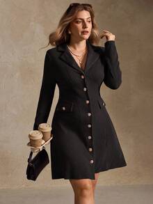 Elegantrix Women's Elegant Commuter Brown Lapel Waist Slim Button Decoration A-Line Back Bow Tie Long Sleeve Dress, Elegant Women's Long Sleeve Dress, Elegant And Chic, Office Outfits For Women, Autumn And Winter Tight Maxi Dress - Black - View 1