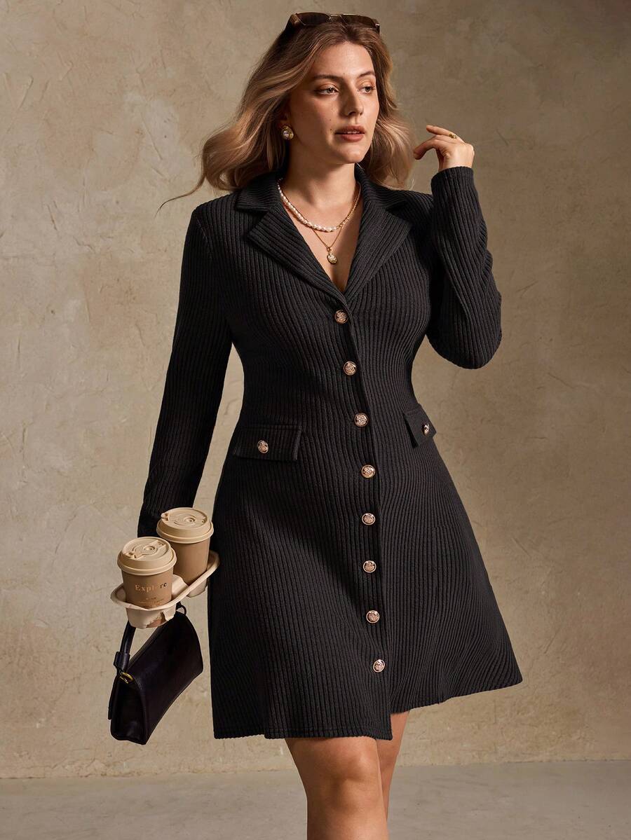 Elegantrix Women's Elegant Commuter Brown Lapel Waist Slim Button Decoration A-Line Back Bow Tie Long Sleeve Dress, Elegant Women's Long Sleeve Dress, Elegant And Chic, Office Outfits For Women, Autumn And Winter Tight Maxi Dress - Black - View 1