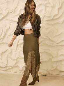 Aralina 女士复古休闲撞色蕾丝开衩半身裙 - 巧克力棕 - 查看 6