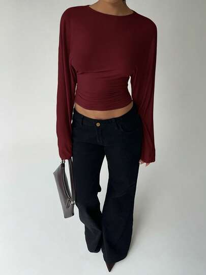 Aloruh Elegant enfärgad t-shirt med åtsittande midja och fladdermusärm för dam, höst/vinter