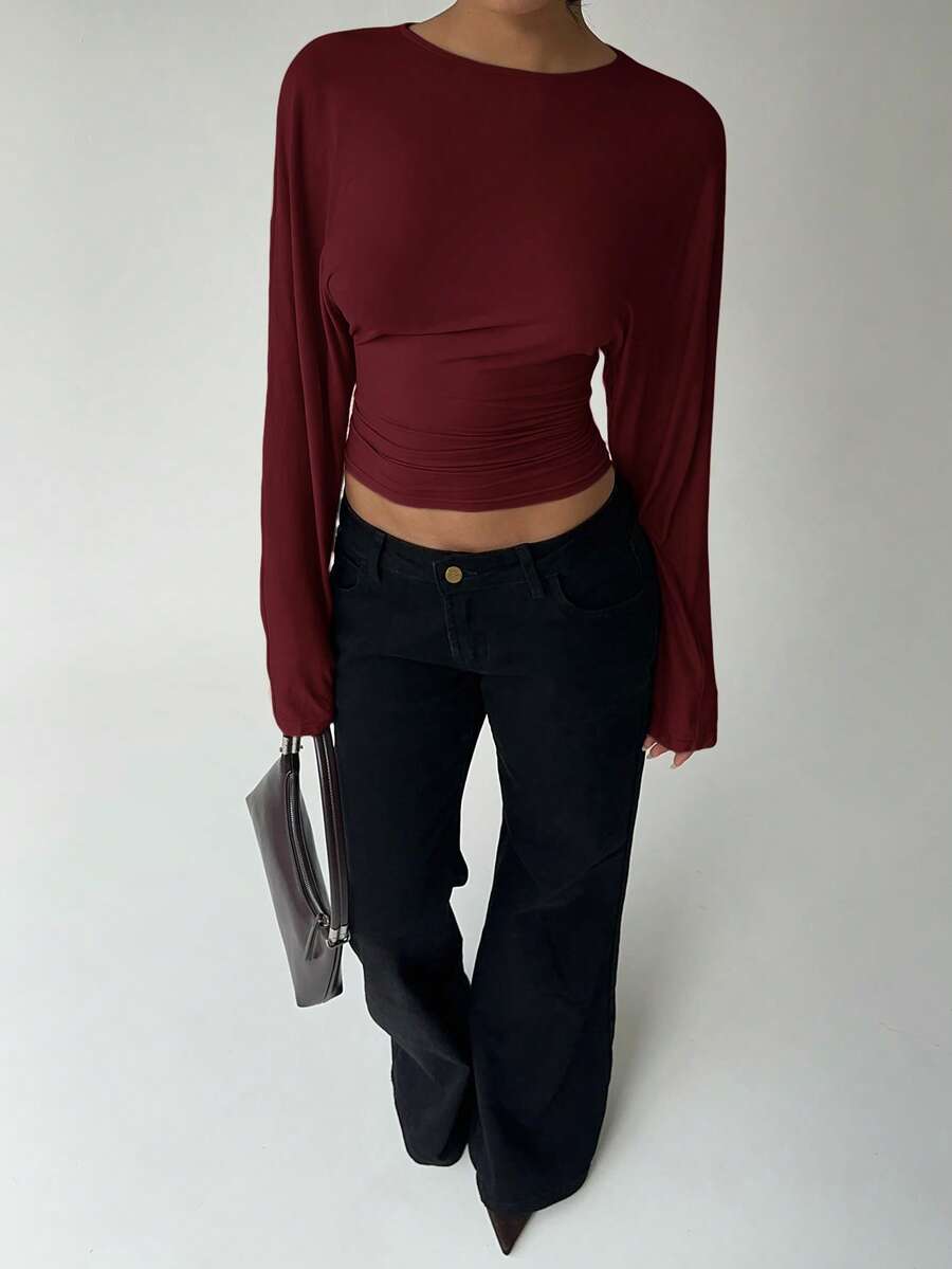 Aloruh Women's Elegant Solid Color Cinched Waist Batwing Sleeve T-Shirt, Autumn/Winter Long Sleeve Cropped Top - Burgundy - View 1
