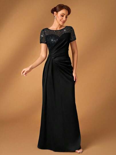 Serin Elegant Luxurious Beaded & Sequin Satin Ruched Mermaid Hem Skirt, Suitable For Weddings, Parties, Vacations, Galas, Evening Events, Mother Of The Bride Dress