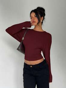 Aloruh Women's Elegant Solid Color Cinched Waist Batwing Sleeve T-Shirt, Autumn/Winter Long Sleeve Cropped Top - Burgundy - View 8