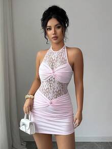 Elenzga 女士浪漫性感透视沙滩度假连衣裙，粉色针织无袖吊带紧身迷你连衣裙 - 粉色 - 查看 6