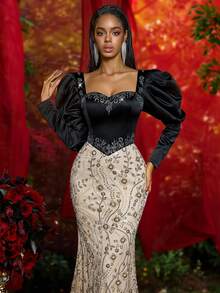 Glamrae Elegant Luxury Woven Satin Cream Collar Puff Sleeve Handmade Crystal Boned Splice Shiny Beaded Embroidered Fishtail Hem Gown, Suitable For Balls, Business, Private Tea Parties, Birthday, Holiday Events, Wedding Guest Dresses, Influencer Formal Dress