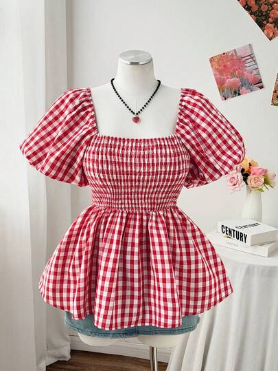 Sweetra Plus Size Women's Square Neck Cute Tie Back Bowknot Lantern Sleeve Blouse, Casual Shirt, Plaid Shirt, Vacation Shirt, Suitable For Daily Wear, Back To School, Beach Holiday, Spring, Summer, Autumn