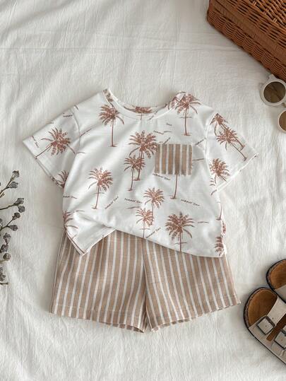 SHEIN 2pcs/Set Unisex Baby Cute Palm Tree Print Short Sleeve T-Shirt And Striped Shorts Set, Spring/Summer Clothes, Baby Outfits, Vacation Mocha Baby Clothes Baby Clothes Set Summer Baby Casual Sets