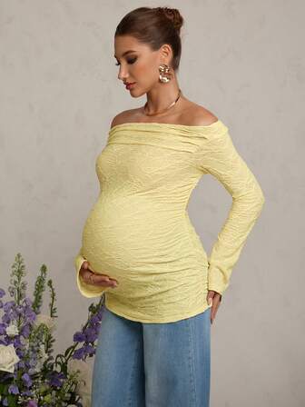 MaterniChic Elegant Maternity Jacquard Pleated Off Shoulder Long Sleeve Fitted T-Shirt, Casual Style, Spring/Summer/Autumn