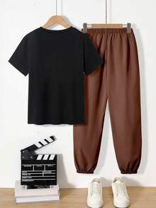 SHEIN Mirajuku 2pcs/Set Boys' Print Black Short Sleeve T-Shirt And Beige Cargo Pants Casual Outfit, Spring/Summer Big Boy Brown Trousers Brown Pants Baggy T Shirt